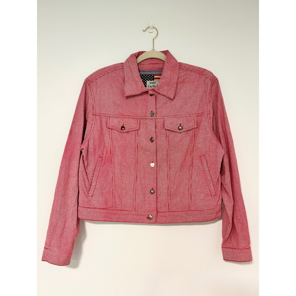 VINTAGE Y2K Koret City Blues Red Gingham Trucker Jacket Novelty Buttons Womens S